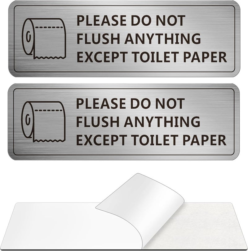 MongFun Do Not Flush Anything Except Toilet Paper Sign for Bathroom, Do Not Flush Rules Bathroom Sign, (2 PACK) Self-adhesive Aluminum Metal Signs for Business and Home (7 x 2 Inch, Brushed Aluminum) - Image 1